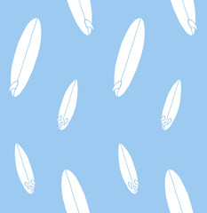 Vector seamless pattern of white hand drawn doodle sketch surf board isolated on pastel blue background