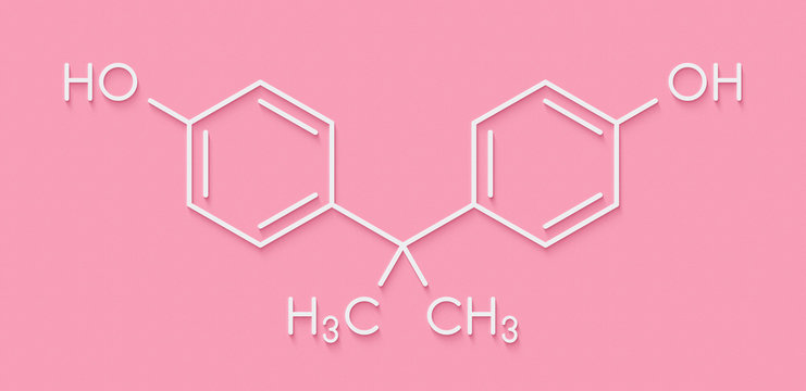 Bisphenol A (BPA) plastic pollutant molecule. Chemical often present in polycarbonate plastics, has estrogen disrupting effects. Skeletal formula.