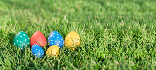 Fototapeta na wymiar six bright easter eggs of different colors lie in green grass, hidden eggs, celebration of easter, banner 