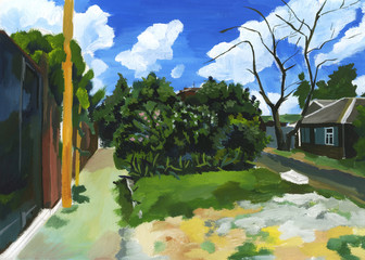Landscape drawn in watercolor by hand . Street with trees and houses .There are clouds in the sky .Sketch