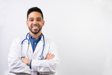 Latin American Young Doctor Over a White Background.