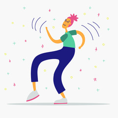 Girl dancing at the party. Flat cartoon character with doodle elements. Invitation for dance party, celebration greeting card. Happy young woman performing dance at a dance floor. Vector illustration.