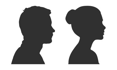 Silhouette of a man and a woman in profile. Isolated vector on white background.