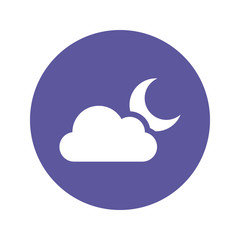 Weather pictogram. Forecast icon. Cloudy night symbol. Cloud in night sky with moon behind. Overcast evening. Negative with circle background.