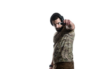 Military Man Holding Gun Isolated on White Background