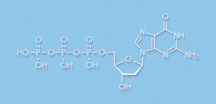 Deoxyguanosine triphosphate (dGTP) nucleotide molecule. DNA building block. Skeletal formula.