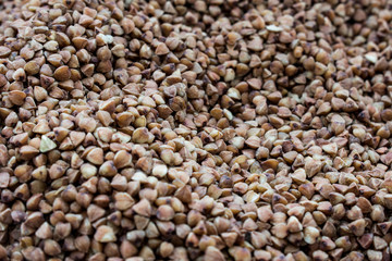 Background of food photographed from above, a lot of buckwheat, food in Russia