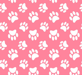 Vector seamless pattern of flat cartoon white animal dog cat foot print steps isolated on pink background