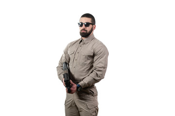 Military Man Holding Gun Isolated on White Background