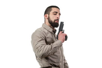 Fototapeta na wymiar Military Man Holding Gun Isolated on White Background