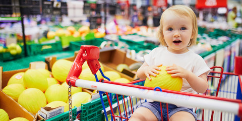 Adorable toddler girl sitting in the shopping cart in a food store