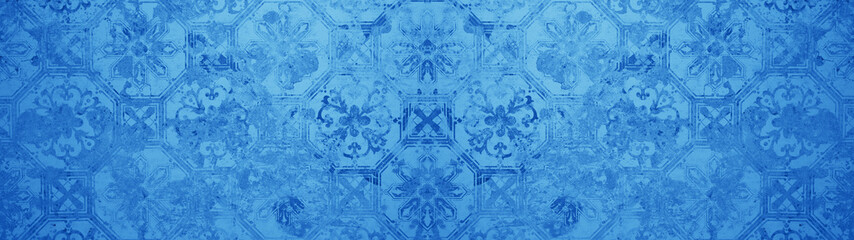 Old blue abstract vintage shabby patchwork motif tiles stone concrete cement wall texture...