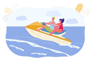 Man and Girl Have Fun Riding Water Boat, Cartoon.
