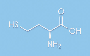 Homocysteine (Hcy) biomarker molecule. Increased levels indicate elevated risk of cardiovascular disease. Skeletal formula.