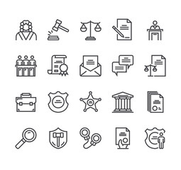 Law and justice court authority line outline isolated icon set. Vector flat graphic design illustration