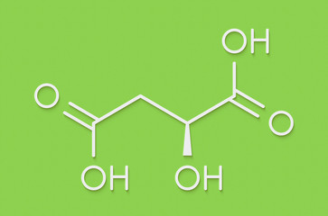 Malic acid fruit acid molecule. Present in apples, grapes, rhubarb, etc and contributes to the sour taste of these. Skeletal formula.