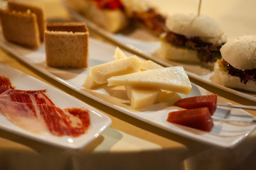 Typical Spanish food, cheese, ham, hamburger