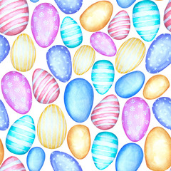 Watercolor Easter seamless pattern with eggs of pastel colors and different texture. Hand drawn multi-colored egg pattern
