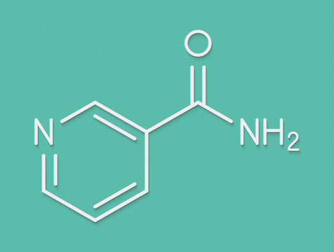Nicotinamide, molecola di droga e vitamina. Formula scheletrica.