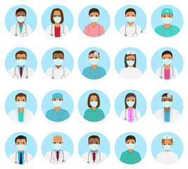 Doctors and nurses characters avatars set. Medical people icons of faces with mask on a blue background. Flat style vector illustration.