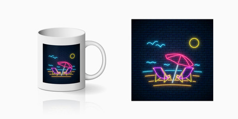 Neon happy summer print with chaise lounges, beach umbrella, ocean and gulls for cup design. Shiny summertime symbol, design, banner in neon style on mug mockup. Vector illustration