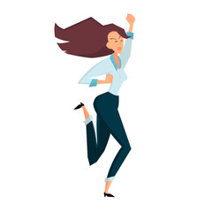 Joyful businesswoman jumping in office room. Color flat vector illustration