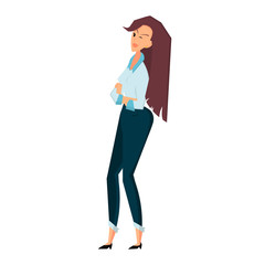 Standing businesswoman crossed her arms and winks. Color flat vector cartoon illustration