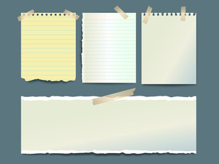 Notebook torn pages stuck with sticky tape on dark background. Set of ripped paper pieces for notes. Vector illustration