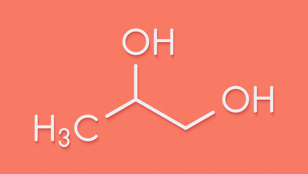 Propylene glycol (1,2-propanediol) molecule. Used as solvent in pharmaceutical drugs, as food additive, in de-icing solutions, etc Skeletal formula.