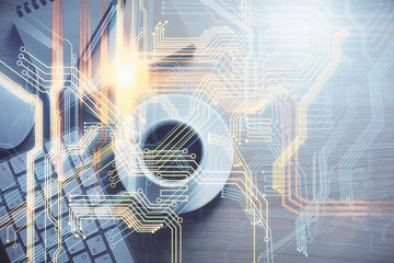 Double exposure of map sketch and table top veiw. Concept of international data.