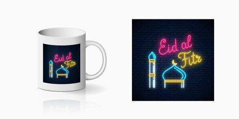 Neon ramadan islam holy month symbol for cup design. Eid al fitr greeting text with mosque dome and minaret design, banner in neon style on mug mockup. Vector shiny design element