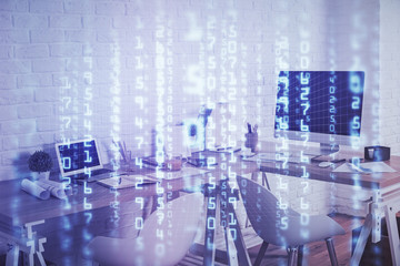 Double exposure of data theme drawing and office interior background. Concept of technology.