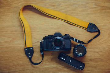 vintage camera on wooden table