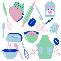 Set of vector kitchen equipment on a shelf isolated on a white background. Kitchen tools objects large collection. Bright flat cartoon style design. household illustration. Hand drawn illustration