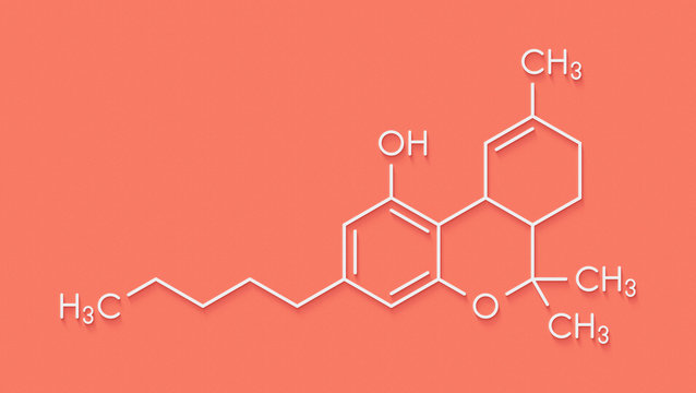 THC (delta-9-tetrahydrocannabinol, dronabinol) cannabis drug molecule. Skeletal formula.