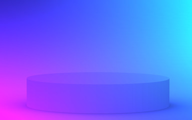 3d purple blue neon light cylinder podium minimal studio gradient dark colors background. Abstract 3d geometric shape object illustration render. Display for nightclub party and technology product.
