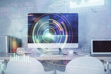 Multi exposure of data theme drawing and office interior background. Concept of technology.