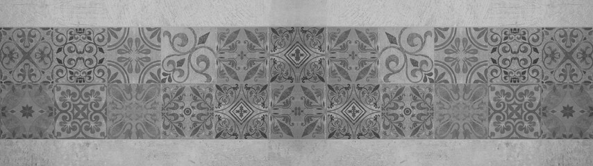 Gray white bright vintage retro geometric square mosaic motif cement tiles texture background banner panorama	
