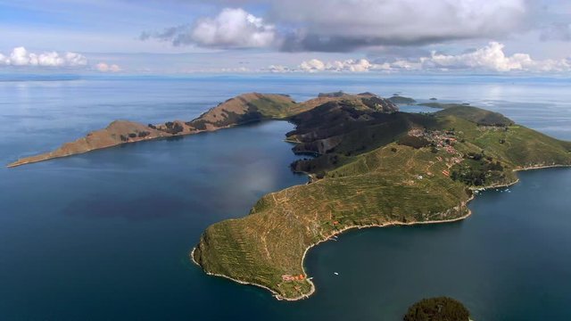 Aerial view of Sun Island (Spanish: Isla del Sol ) on Lake Titicaca, the highest navigable lake in the world, in Bolivia, South America.