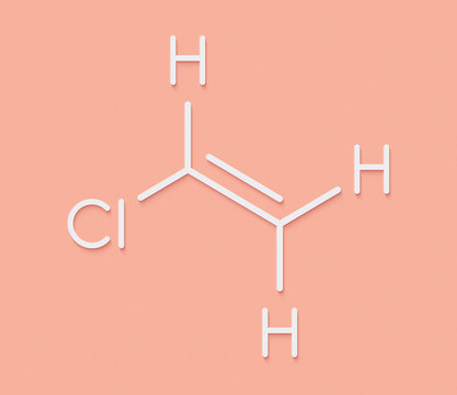 Vinyl chloride, polyvinyl chloride (PVC) plastic building block. Skeletal formula.