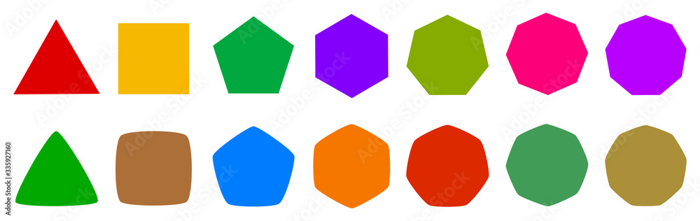 Poster set of geometric shapes, polygons with various number of sides: triangle, quadrangle, pentagon, hexa
