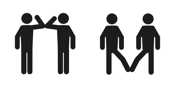 Elbow bump and foot tap icon. New greeting to avoid the spread of coronavirus. Two friends meet, instead of greeting with a hug or handshake, they bump elbows instead or touch their feet together