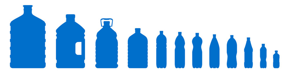 Set of plastic bottle icons isolated on white background. Plastic bottles of various sizes. Contours of bottles for water, lemonade – vector - obrazy, fototapety, plakaty