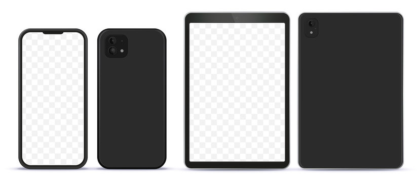 Black Mobile Phone and Tablet Computer Mock-Up With Front and Back Side View. 