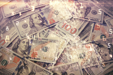 Fototapeta na wymiar Double exposure of tech theme drawing over usa dollars bill background. Concept of technology.