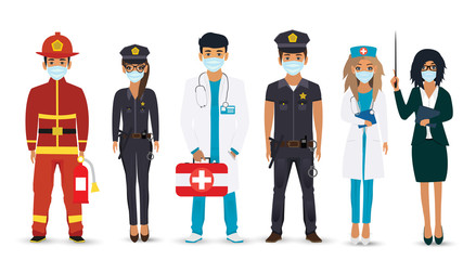 People of different professions set. Fireman, Police, Doctor, Nurse, Teacher. Fight against covid-19 viruses.