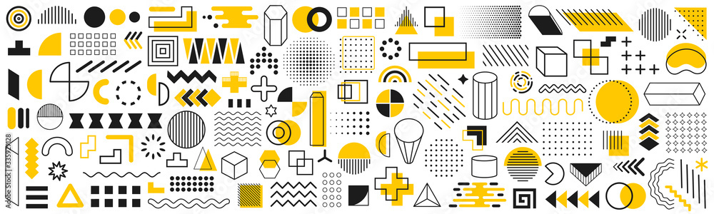 Poster set of geometric shapes. memphis design retro elements. collection trendy halftone geometric shapes.