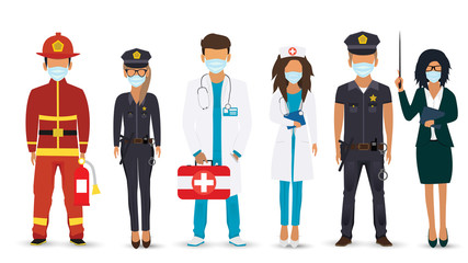 People of different professions set. Fireman, Police, Doctor, Nurse, Teacher. Fight against covid-19 viruses.