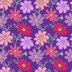 Black and white cosmos flowers seamless pattern on purple background