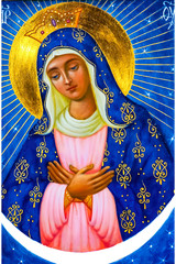 Icône russe orthodoxe sainte vierge marie dieu bleu étoile or couronne rayon soleil peinture lune...